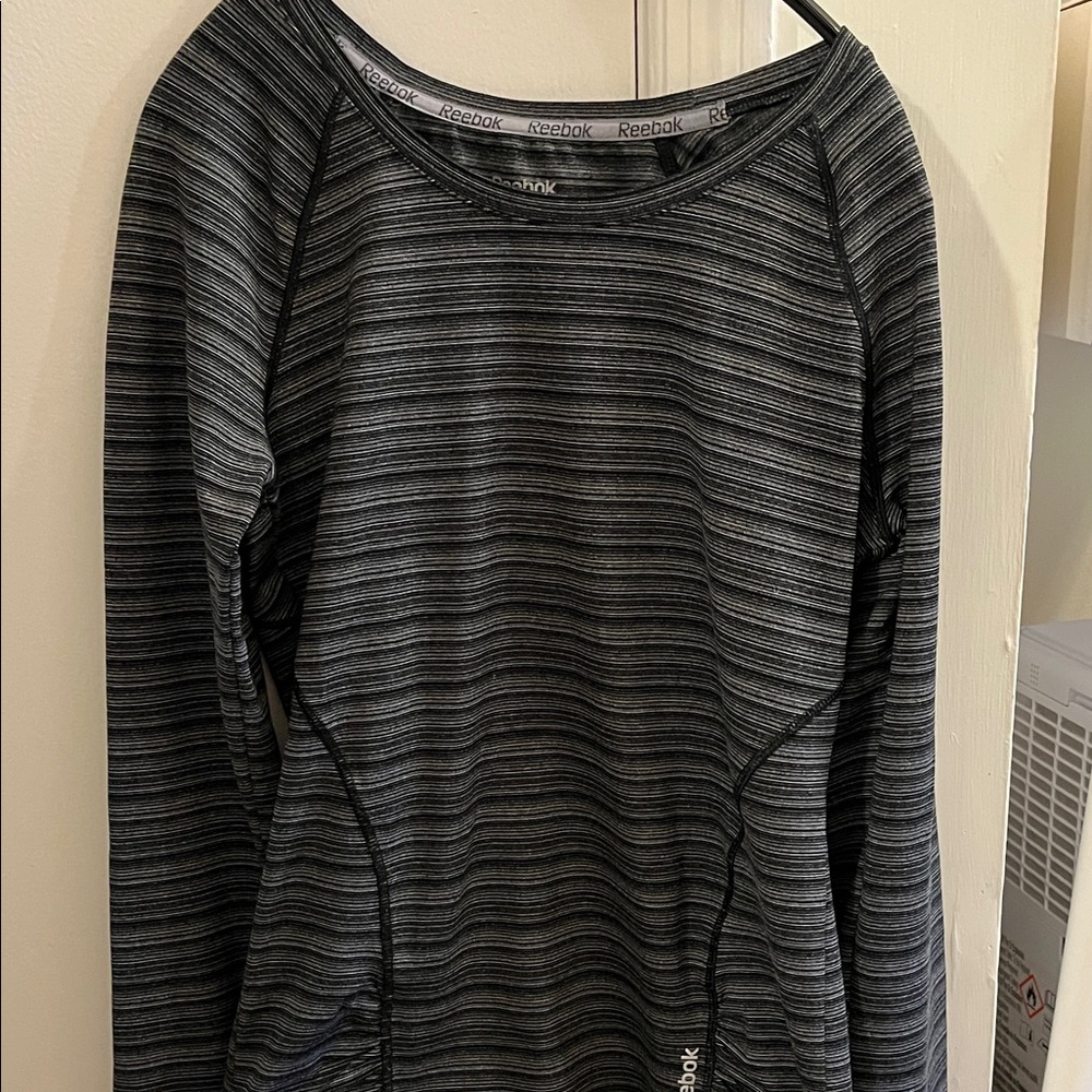 Reebok Black and Gray Striped Long Sleeve Shirt with Thumb Holes